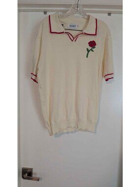 OXKNIT Men's XL Cream Knit Polo Shirt with Rose Embroidery